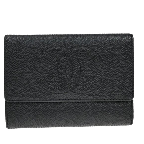 CHANEL CC Trifold Compact Wallet Grained Calfskin Leather Black Vintage 32RF501 - Picture 1 of 16